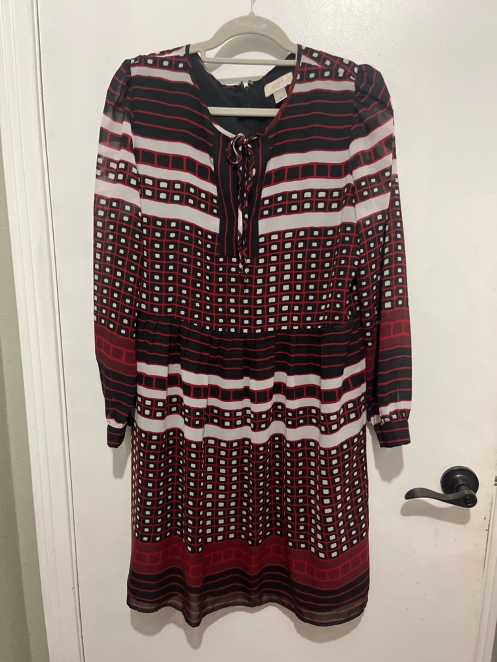 LOFT Red, Black & White Geometric Long Sleeve Dress